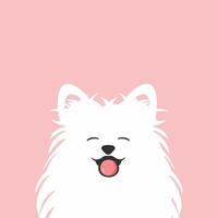 Pomeranian Spitz puppy. Smiling muzzle of a cute white fluffy puppy. Little German Spitz. Vector in cartoon style.