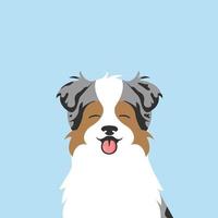 retrato de una ilustración de dibujos animados de cara de perro. perro pastor australiano sonriendo con la lengua fuera. mascotas, amantes de los perros, estilo vector plano.