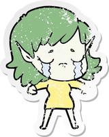 distressed sticker of a cartoon crying elf girl vector