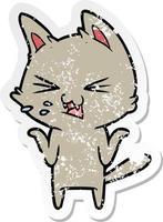 distressed sticker of a cartoon cat hissing vector