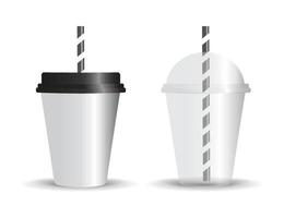taza blanca con tapa negra y paja y taza transparente con paja para bebidas heladas y diseño vectorial de cócteles. vector