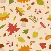 Vector autumn pattern. Seamless pattern with leaves, berries, acorns and mushrooms in a flat style.