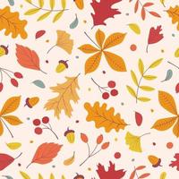 Vector beautiful colorful autumn natural seamless pattern with autumn leaves, acorns, berries. Seasonal autumn background