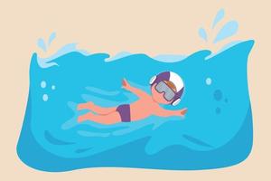 Happy little boy swimming in a pool. Water polo concept. Vector illustration.