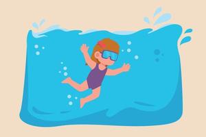 Happy little girl swimming in a pool. Water polo concept. Vector illustration.
