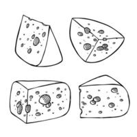 conjunto dibujado a mano de partes y rebanadas de queso. icono de queso. Imágenes Prediseñadas de vector de queso