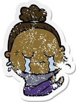 distressed sticker of a cartoon crying old lady vector