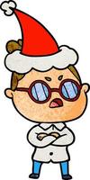 textured cartoon of a annoyed woman wearing santa hat vector