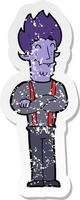 retro distressed sticker of a cartoon happy vampire man vector