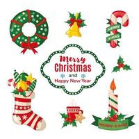 Christmas set with traditional symbols. Holiday objects collection. Vector illustration