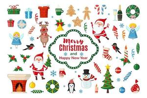gran conjunto de iconos de navidad y año nuevo en estilo plano aislado sobre fondo blanco. ilustración vectorial símbolos navideños tradicionales. vector