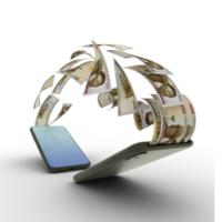 Übertragen von nigerianischen Naira-Banknoten von einem Mobiltelefon auf ein anderes Online-Geldtransfer. 3D-Rendering-Konzept. geld kommt aus dem handy png