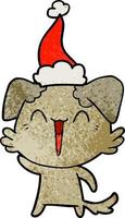 waving little dog textured cartoon of a wearing santa hat vector