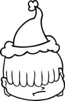 line drawing of a face with hair over eyes wearing santa hat vector