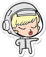 sticker of a cartoon pretty astronaut girl pointing the way vector
