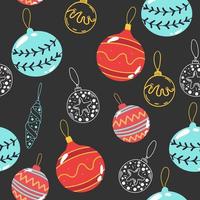 patrón sin costuras de Navidad con bolas, adornos, conos, arcos de fondo azul. perfecto para invitaciones navideñas, tarjetas de felicitación de invierno, papel tapiz y papel de regalo vector
