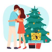 los amantes de la pareja feliz se abrazan para celebrar las vacaciones de Navidad juntos. el hombre y la mujer sonrientes se divierten abrazan disfrutan de la fiesta o celebración de año nuevo. entretenimiento de ilustración vectorial plana, vacaciones de invierno vector