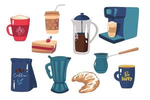 Big set of icons in flat style. Stylish coffee set of icons. Coffee, coffee drinks, coffee pots, and other devices and desserts. vector