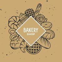 Set of vector bakery engraved elements. Typography design with bread, pastry, pie, buns, sweets, cupcake. Collection of modern linear graphic design template. Bakery shop. Top view composition.