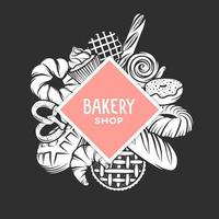 Set of vector bakery engraved elements. Typography design with bread, pastry, pie, buns, sweets, cupcake. Collection of modern linear graphic design template. Bakery shop. Top view composition.