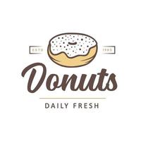 Vintage style bakery shop simple label, badge, emblem, logo template. Graphic food art with engraved doughnut design vector element with typography. Linear organic donut on white background.