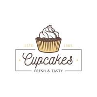 Vintage style bakery shop simple label, badge, emblem, logo template. Graphic food art with engraved cupcake design vector element with typography. Linear organic pastry on white background.