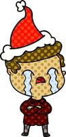 comic book style illustration of a man crying wearing santa hat vector