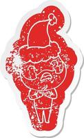 cartoon distressed sticker of a bearded man crying wearing santa hat vector
