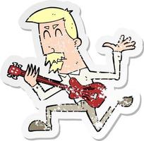 retro distressed sticker of a cartoon man playing electric guitar vector