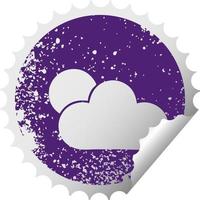 distressed circular peeling sticker symbol sunshine and cloud vector