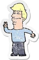 retro distressed sticker of a cartoon man giving peace sign vector