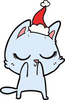 calm line drawing of a cat wearing santa hat vector