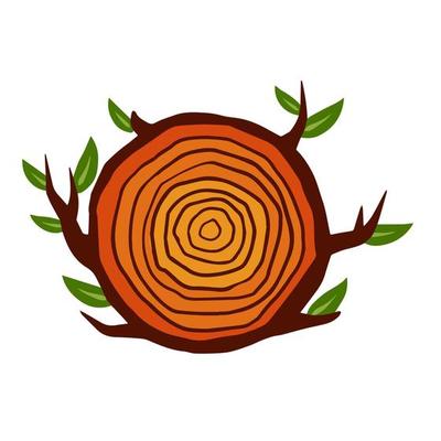 Cut tree trunk. Stump cross section. Concentric circular pattern on brown wood. Logger and Woodworking Industry Icon. Branch with leaves