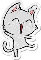 distressed sticker of a happy cartoon cat meowing vector
