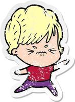 distressed sticker of a cartoon frustrated woman vector