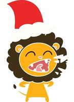 flat color illustration of a roaring lion wearing santa hat vector