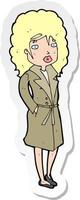 sticker of a cartoon woman in trench coat vector