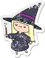 distressed sticker cartoon of a cute kawaii witch girl vector