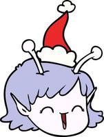 line drawing of a alien space girl face wearing santa hat vector