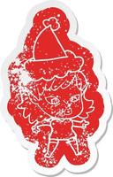 pretty cartoon distressed sticker of a elf girl wearing santa hat vector