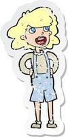 retro distressed sticker of a cartoon woma in dungarees vector
