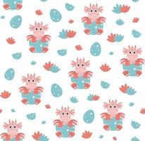 Seamless pattern with cute little cartoon red dragons in broken egg shell. Perfect for fabric, wallpaper or wrapping paper. vector