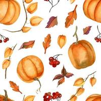 otoño de patrones sin fisuras con hojas de otoño y calabaza naranja. fondo de acuarela vectorial dibujado a mano para el festival de la cosecha o el diseño de halloween. telón de fondo para envolver papel o tela vector