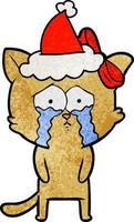 textured cartoon of a cat wearing santa hat vector