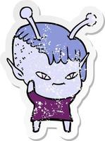 distressed sticker of a cute cartoon alien girl vector