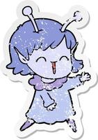 distressed sticker of a cartoon alien girl laughing vector