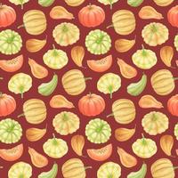 CRIMSON VECTOR SEAMLESS PATTERN WITH MULTICOLORED WATERCOLOR PUMPKINS