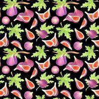 BLACK VECTOR SEAMLESS PATTERN WITH WATERCOLOR FIG FRUITS