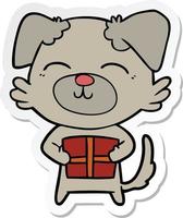 sticker of a cartoon dog with present vector