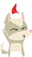 flat color illustration of a wolf whistling wearing santa hat vector